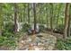Cozy outdoor firepit with stone patio, seating, and a wooded backdrop, perfect for gatherings and relaxation at 100 Rosemont, Peachtree City, GA 30269