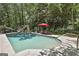 Beautiful backyard pool and patio area with waterslide, lush greenery and lots of sunshine at 100 Rosemont, Peachtree City, GA 30269