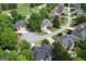 An aerial view of a neighborhood showcasing beautifully landscaped homes, manicured lawns, and mature trees at 6317 Benbrooke Nw Overlook, Acworth, GA 30101