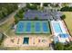 Aerial shot showcasing tennis courts, a community pool, a playground, and parking, emphasizing community amenities at 6317 Benbrooke Nw Overlook, Acworth, GA 30101