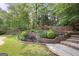 Backyard landscaping features a stone retaining wall, plants, and grass with a privacy fence in the background at 6317 Benbrooke Nw Overlook, Acworth, GA 30101