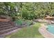 Stone steps and retaining wall with plants lead to the backyard with a privacy fence and view of the pool at 6317 Benbrooke Nw Overlook, Acworth, GA 30101
