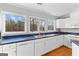The kitchen boasts white cabinets, blue countertops, a stainless sink, and a window overlooking the yard at 679 Bo Bo Banks Rd, Grantville, GA 30220