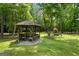 Backyard gazebo surrounded by mature trees and manicured lawn at 171 Ponderosa Drive, Fayetteville, GA 30214