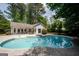 Beautiful backyard pool with manicured landscaping surrounding the inground pool at 112 Kirton Turn, Peachtree City, GA 30269
