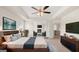 Spacious main bedroom featuring a tray ceiling, sitting area with fireplace, and modern furniture at 1809 Quaker, Hampton, GA 30228