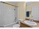 Functional bathroom with a shower-tub combination, single sink vanity, and neutral color scheme at 556 Walton Dr, Social Circle, GA 30025