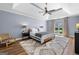 Bright main bedroom with vaulted ceiling, ceiling fan, area rug, and large windows at 3707 Lance Bluff Ln, Duluth, GA 30097