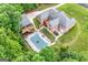 Aerial shot of the house with the pool and the patio with the seating area at 604 Clearwater Ct, Mcdonough, GA 30252