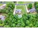 Stunning aerial view of a brick home surrounded by lush greenery and features an in-ground swimming pool in the backyard at 604 Clearwater Ct, Mcdonough, GA 30252