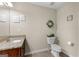 Well-lit half bath with granite countertop sink, toilet, and decorative wall art at 71 Pacific Ave, Sharpsburg, GA 30277