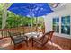 Outdoor chairs and umbrella on deck providing a comfortable space to enjoy the wooded views at 229 Terrane Rdg, Peachtree City, GA 30269