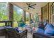 Relaxing covered patio area with brick pillars, ceiling fans, and comfortable seating overlooking a lush yard at 719 Bethpage Dr, Mcdonough, GA 30253
