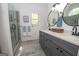 Modern bathroom featuring a dual vanity, sleek glass shower, gray tile and great natural light at 11 Line Creek Cir, Sharpsburg, GA 30277