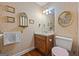 Small bathroom with floral wallpaper, classic fixtures, a vanity, and framed artwork, vintage style at 2810 Jodeco Ter, Jonesboro, GA 30236