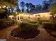 Backyard with brick exterior, string lights, walking path and garden at 120 Tall Pine Dr, Fayetteville, GA 30214