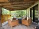 Inviting covered patio with stylish wooden seating, perfect for enjoying the outdoors and entertaining guests at 105 Carols Ln, Locust Grove, GA 30248