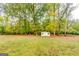 Lush backyard featuring mature trees, green grass and a storage shed at 1373 Fall River Dr, Conyers, GA 30013