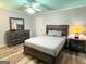 Comfortable bedroom with modern furniture, including a gray bed, dresser, and nightstands on wood-look floors at 142 Kylee Ct, Villa Rica, GA 30180