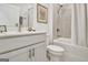 Clean bathroom featuring a shower-tub, neutral tile surround, and a modern vanity and sink at 82 Airmont Dr, Sharpsburg, GA 30277