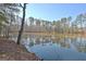 Picturesque view of a tranquil lake surrounded by lush trees and natural foliage on a sunny day at 82 Airmont Dr, Sharpsburg, GA 30277