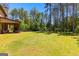 Expansive backyard featuring lush green grass, mature trees and covered patio with fireplace at 105 Turnberry Trce, Sharpsburg, GA 30277