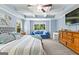 Main bedroom with a tray ceiling, ceiling fan, plush carpeting and blue walls at 105 Turnberry Trce, Sharpsburg, GA 30277