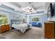 Main bedroom with a tray ceiling, ceiling fan, plush carpeting and two windows at 105 Turnberry Trce, Sharpsburg, GA 30277