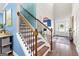 Staircase featuring wooden banister, wainscoting, and view into the home at 105 Turnberry Trce, Sharpsburg, GA 30277
