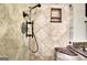 Modern shower featuring bronze fixtures, a bench, and a shampoo nook at 102 Passage Point, Peachtree City, GA 30269