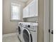 Clean laundry room equipped with white cabinets and modern washer and dryer units at 45 Coral Ridge Ct, Palmetto, GA 30268