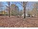 Large, leaf-covered backyard with outbuildings and play set in the distance at 435 Crabapple Rd, Fayetteville, GA 30215