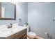 Powder room featuring blue walls, decorative mirror, and a white toilet and vanity at 145 Windward Hls, Mcdonough, GA 30253