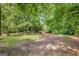 Park-like backyard featuring mature trees and green lawn, with a gazebo set in the rear of the property at 19 Indian Bluff Dr, Sharpsburg, GA 30277
