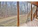 Spacious backyard with patio, wooden support column, wooden staircase and tree lined perimeter at 315 Antebellum Way, Fayetteville, GA 30215