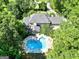 Overhead view of a large property with a pool, nestled amongst mature trees providing lots of privacy at 324 Chimney Sweep Cir, Peachtree City, GA 30269