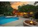 Wonderful backyard featuring a swimming pool, firepit, and covered patio, perfect for outdoor entertaining at 324 Chimney Sweep Cir, Peachtree City, GA 30269