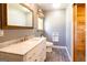 Bathroom featuring a marble vanity, grey walls, wood floors, and a separate toilet area at 316 Gaithers Rd, Mansfield, GA 30055