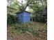 Backyard view featuring a blue storage shed, chain link fence and mature landscaping at 1761 Hosea L Williams Dr, Atlanta, GA 30317