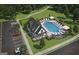 Aerial view of a community pool with lounge chairs, umbrellas, tennis court, and parking lot at 2024 Piccolo Ct # 228, Mcdonough, GA 30252