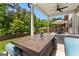 Relaxing patio with a dining table, outdoor fireplace and surrounded by a beautiful fenced in backyard at 510 Cunninghame Ct, Peachtree City, GA 30269