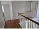 Staircase features hardwood floors with a white railing with a wooden trim for a clean appearance at 3773 Summer Rose Dr, Atlanta, GA 30341
