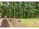 Private backyard with a brick patio and a stone fire pit surrounded by trees at 135 Birdsong Ln, Fayetteville, GA 30215