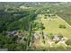 Aerial view of the property highlighting the home, outbuildings, and surrounding lush greenery at 377 Parker Rd, Mcdonough, GA 30252