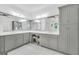 Bathroom with double vanity, gray cabinets, modern fixtures, and neutral countertops at 377 Parker Rd, Mcdonough, GA 30252