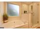 Bright bathroom featuring a soaking tub, shower with glass door, and frosted window at 221 Ashley Oaks Dr, Mcdonough, GA 30253