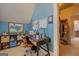 A functional workspace includes a desk and storage, with a calming blue accent wall at 4128 Hunt Sw St, Covington, GA 30014