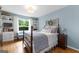 Light blue bedroom with hardwood floors, built-in bookcases, and soft natural light for a calm and inviting ambiance at 1226 Pine Knoll, Conyers, GA 30013