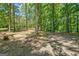Long driveway leading through serene woods with a glimpse of the house in the background at 4950 Creel Rd, Fairburn, GA 30213