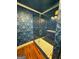 Modern tiled shower with blue patterned walls, glass door, gold hardware, and elegant design features at 441 Crumbley Rd, Mcdonough, GA 30252